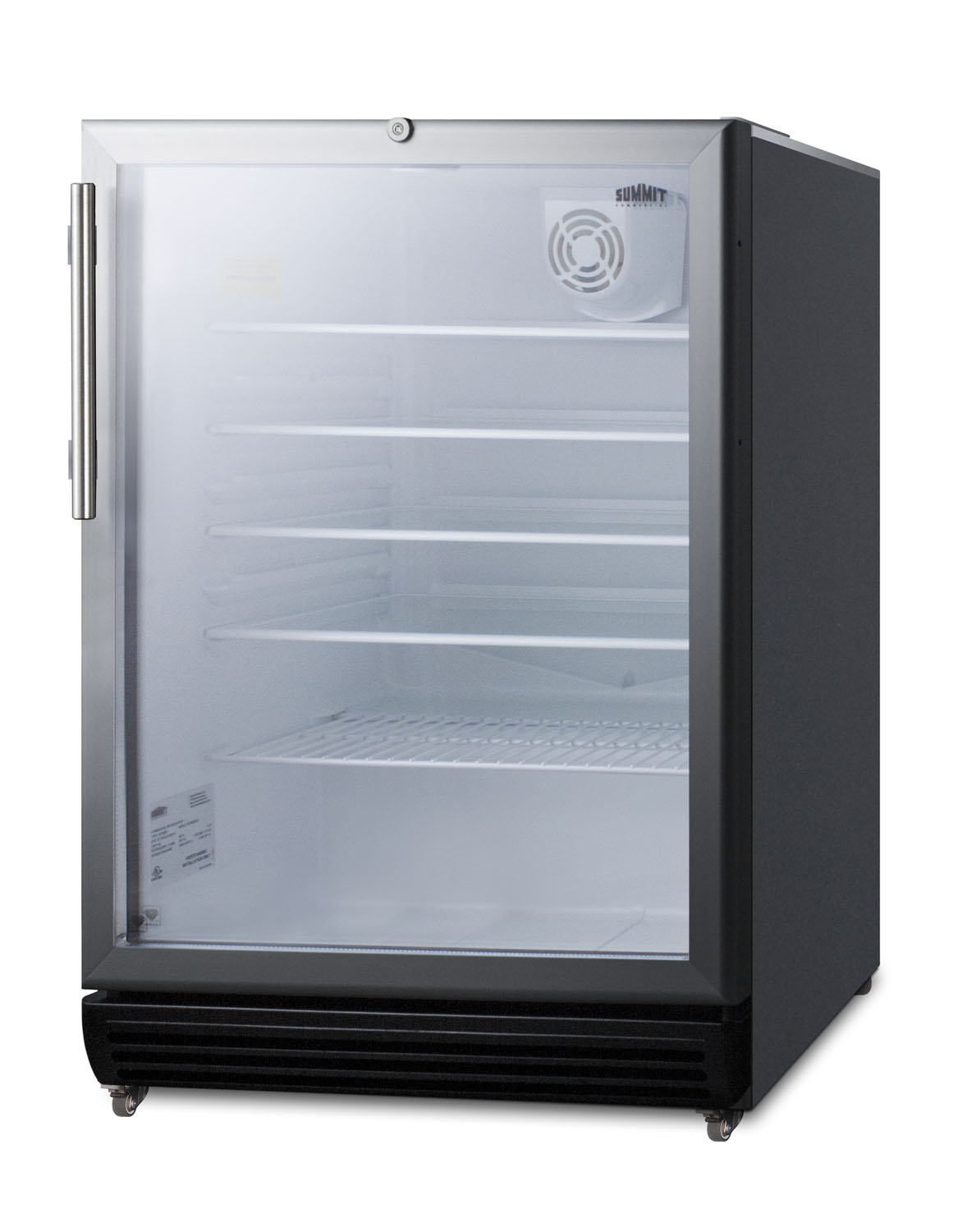 Commercial 5.5 cu.ft. glass door beverage center with stainless steel work surface, front lock, and pre-installed 1